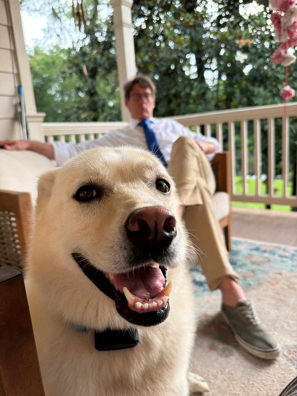 Cameron mary and his dog sitting on their porch